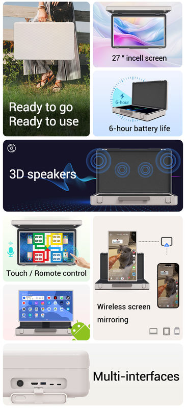 ELC PackGO Portable 27 pouces Design porte-documents Écran tactile Système Android Écran TV intelligent pour le camping