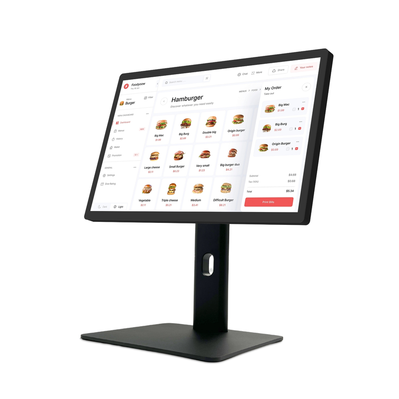 WF2138T Écran LCD tactile interactif 21,5 pouces 1920*1080 16:9 250cd WIFI RJ45 Poe KDS Écran de système de point de vente de cuisine avec base
